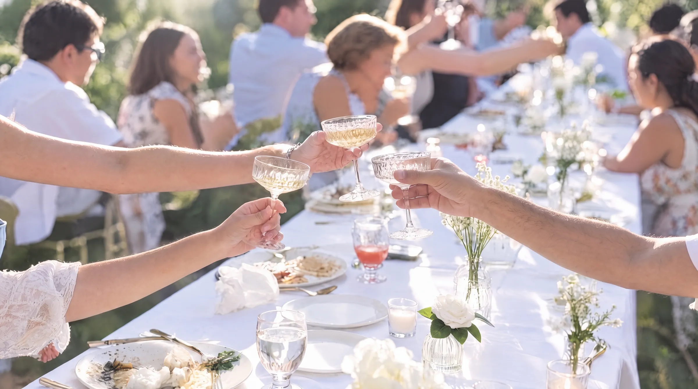 Wedding guests raising their glasses over a long table dressed with white flowers