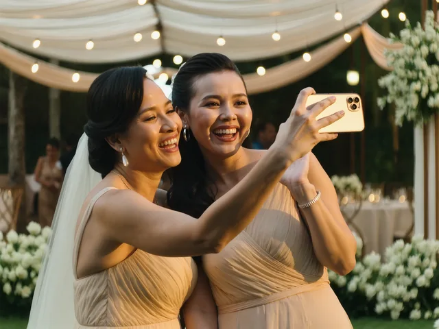 Two bridesmaids laughing while taking a photo together on a phone