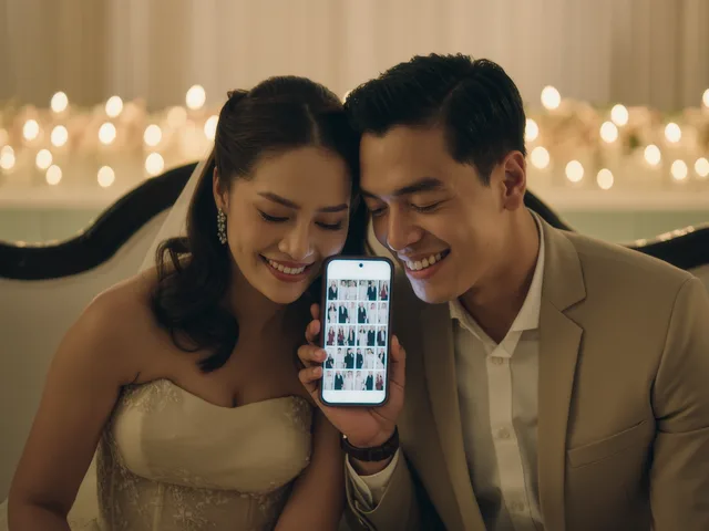 A newly married couple scrolling through their guest photo gallery on a phone