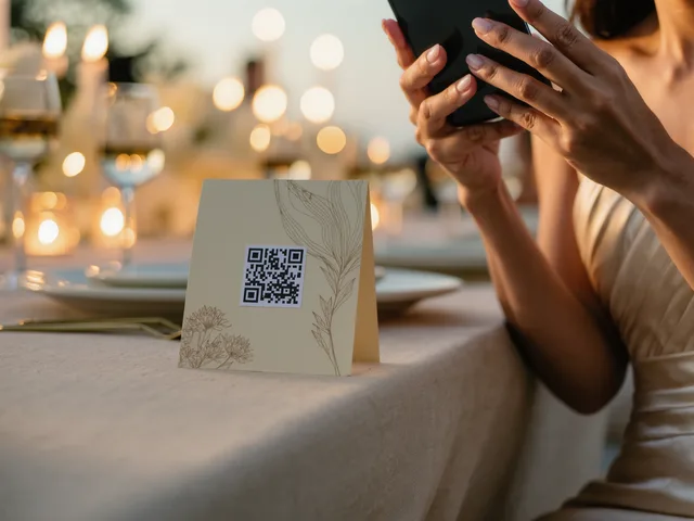 A wedding guest scanning the QR card on her table with her phone
