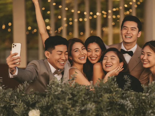 A group of wedding guests crowding in for a selfie under string lights