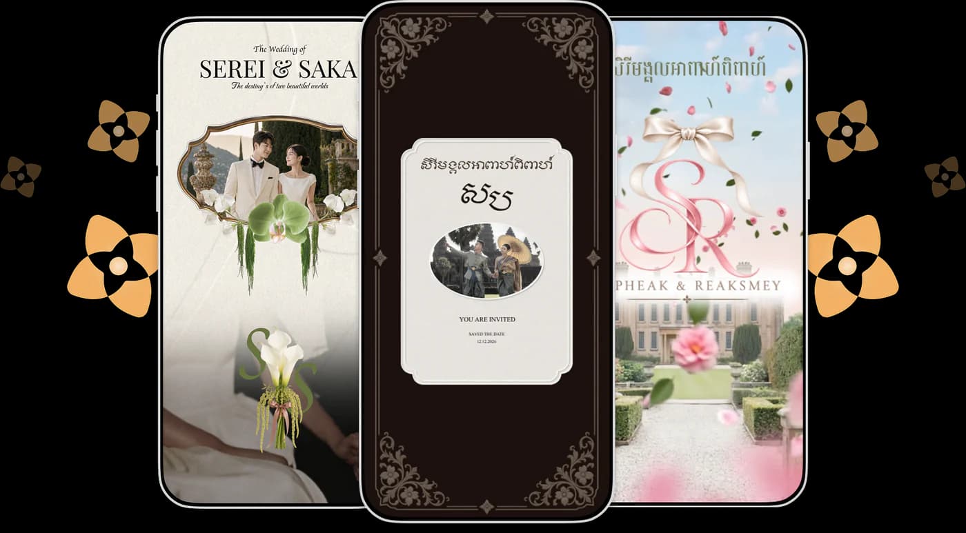 Three Sar Serei invitation designs on phones — Serei & Saka, a Khmer wedding card, and Sopheak & Reaksmey