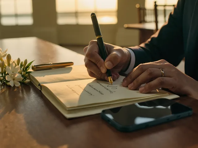 A wedding guest writing a handwritten wish into a cream guest book beside a sprig of jasmine