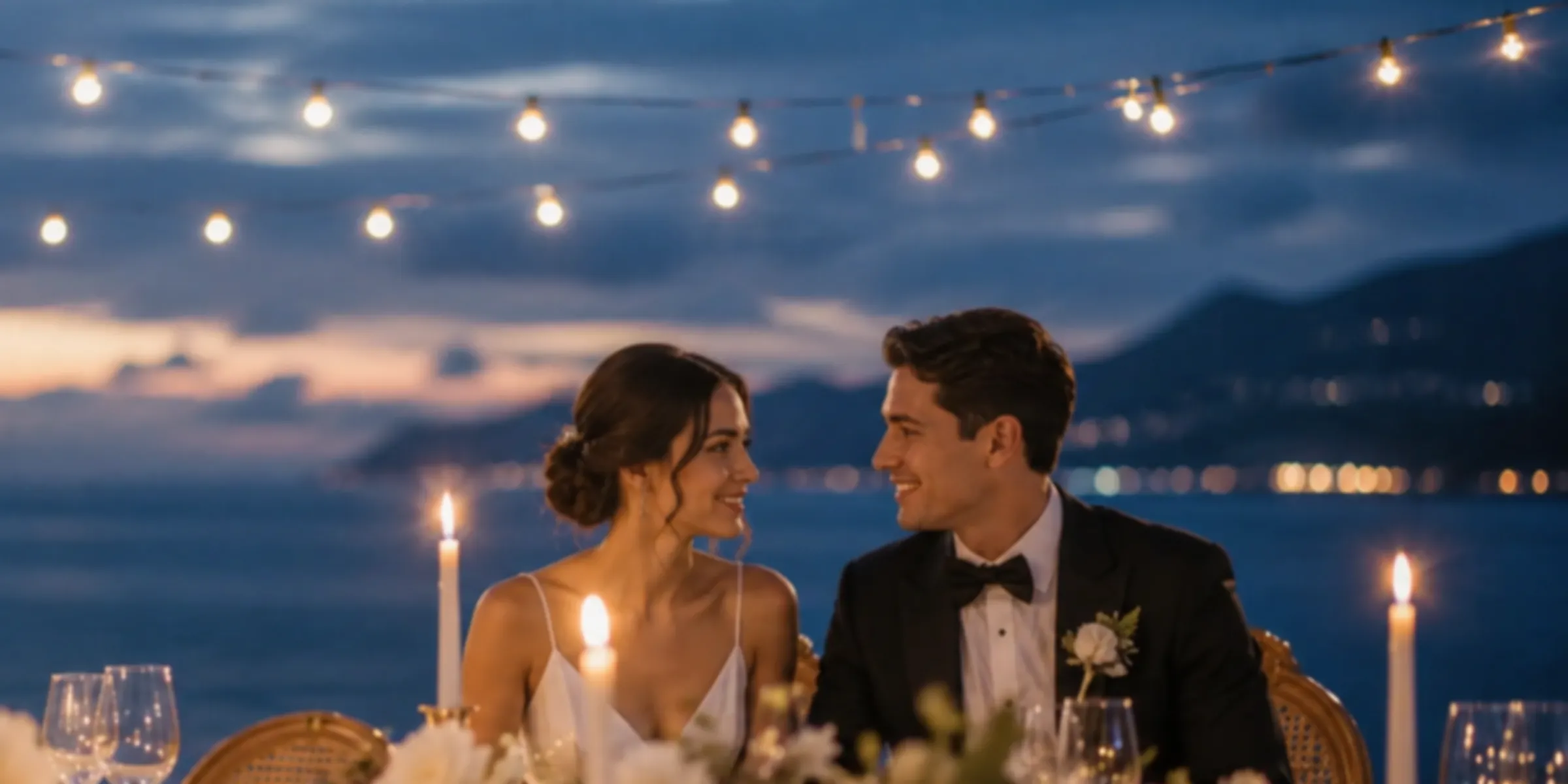 A couple at a candlelit table under strung lights above a lake at blue hour