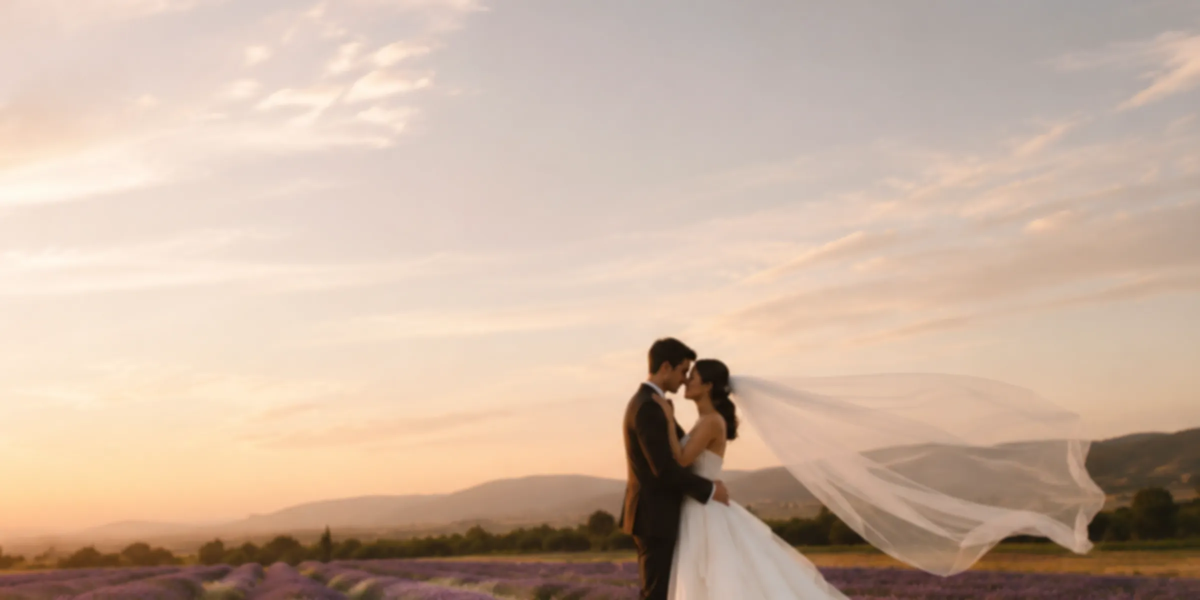A couple embracing in a lavender field at sunset, the wind lifting the bride’s veil