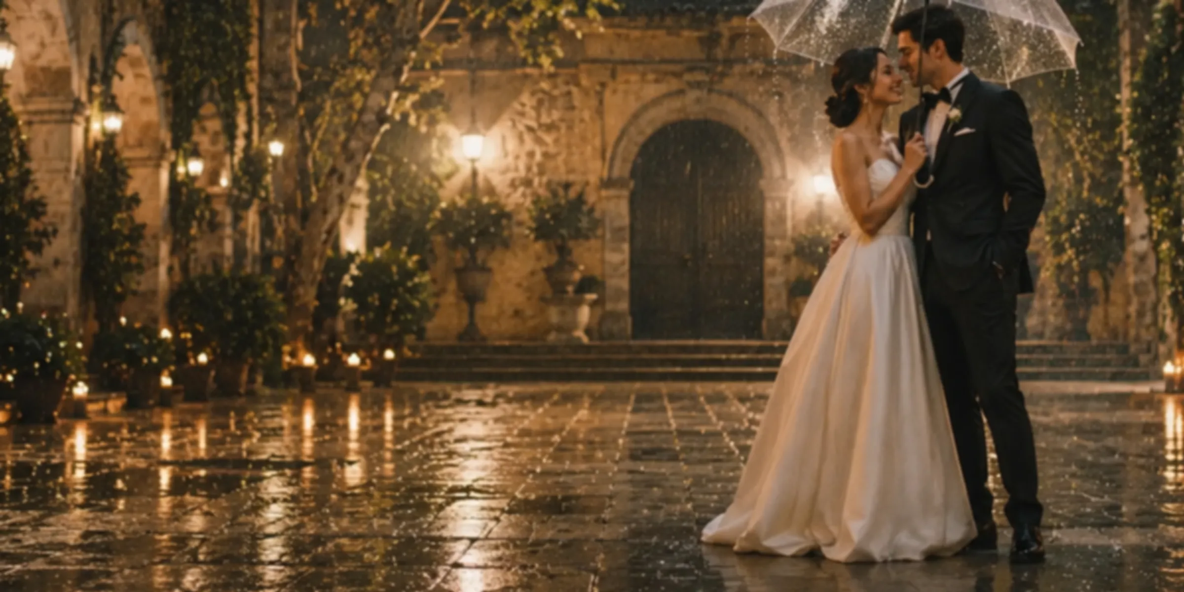 A couple sheltering under a clear umbrella in a rain-washed courtyard at night