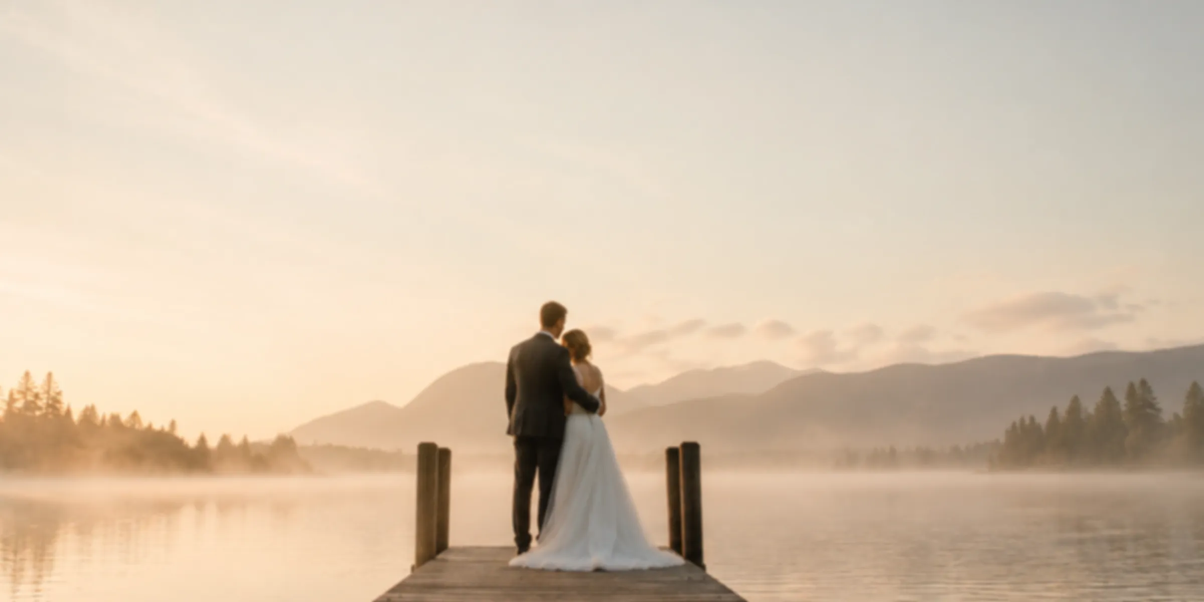 A couple at the end of a wooden jetty as mist lifts off the lake at sunrise