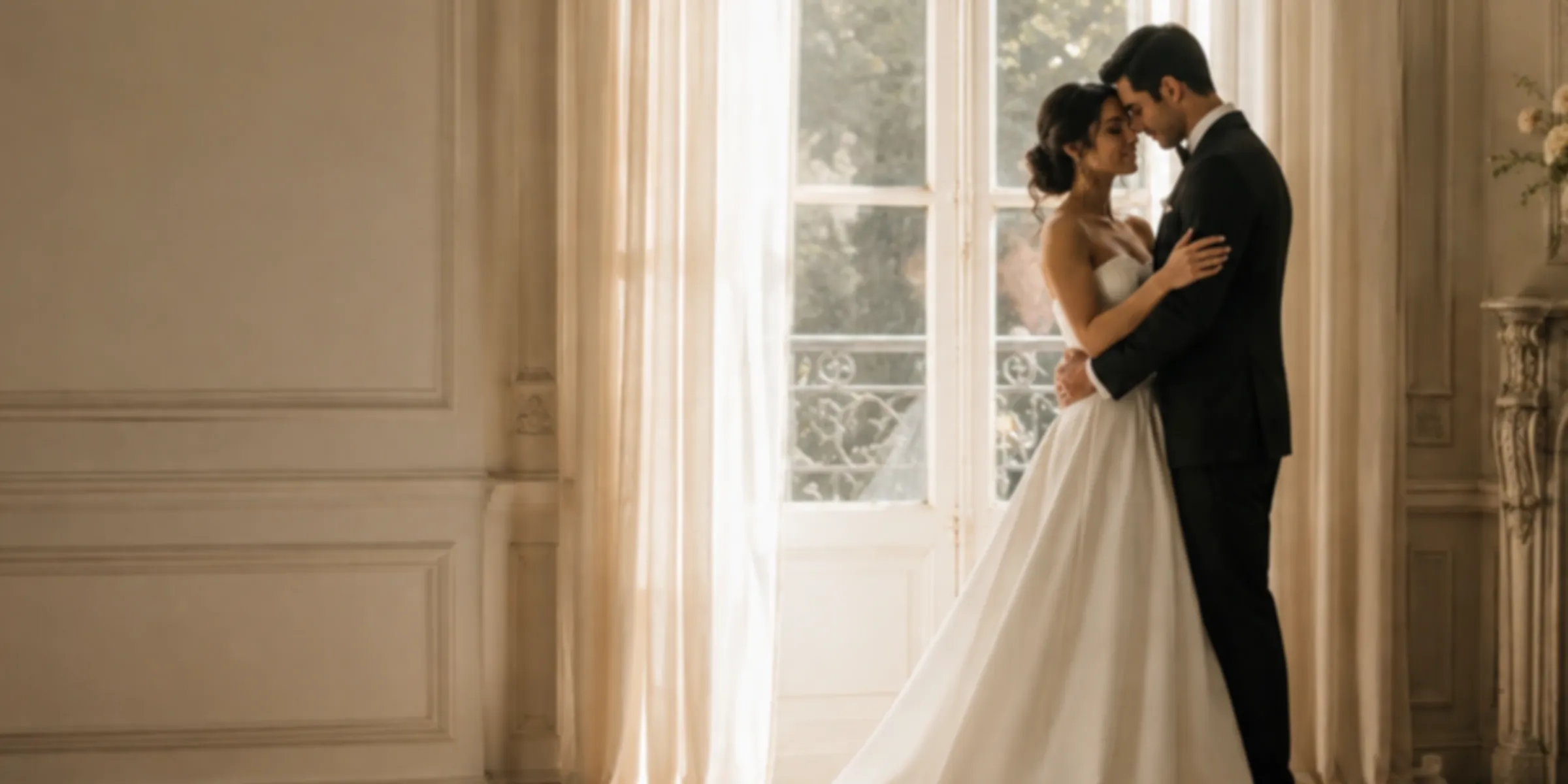 A couple embracing beside a tall sunlit window in a ballroom