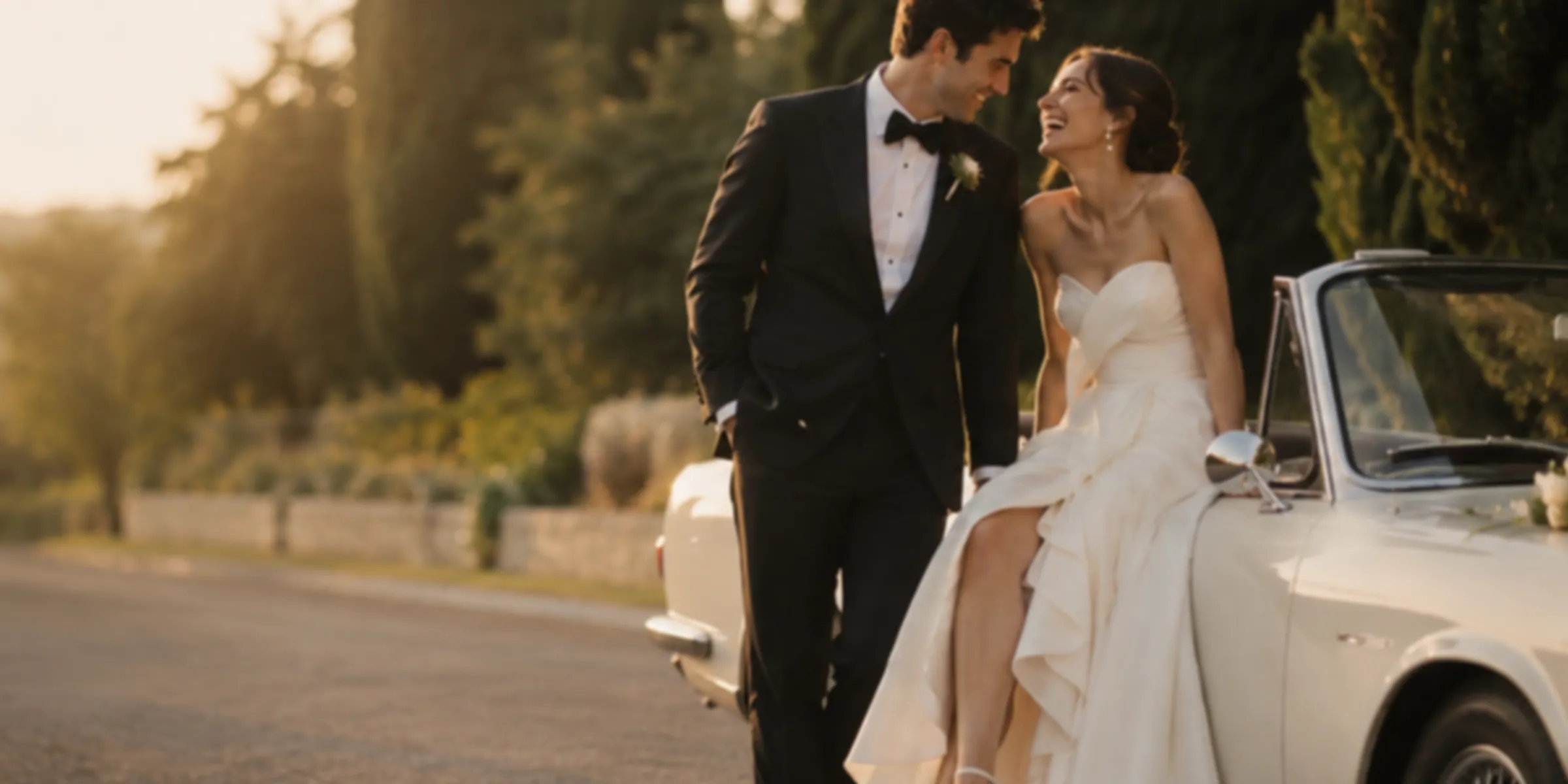A couple beside a vintage car on a hilltop road at sunset