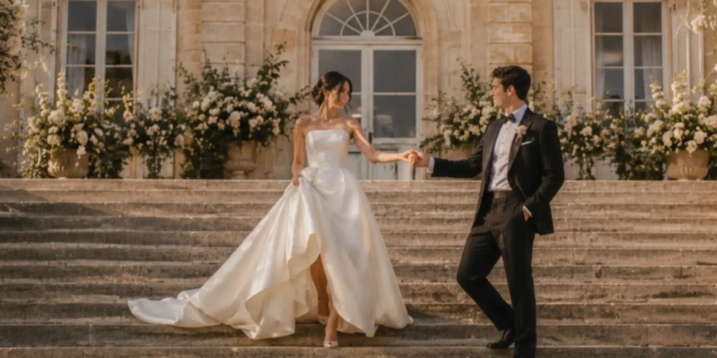A couple on the flower-dressed stone steps of a villa terrace