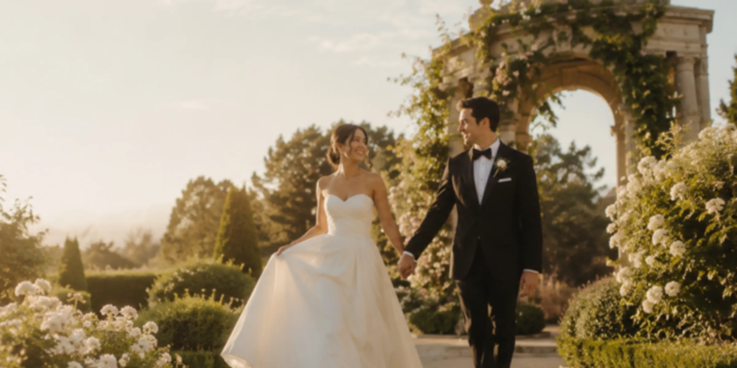 A couple walking a garden path beneath a flowering stone arch at dawn
